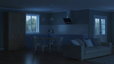 Modern ev iç. İyi geceler. Akşam aydınlatma. 3D render.