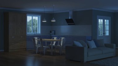 Modern ev iç. İyi geceler. Akşam aydınlatma. 3D render.