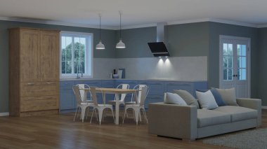 Modern ev iç. İyi geceler. Akşam aydınlatma. 3D render.