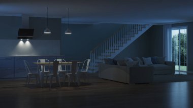 Modern ev iç. İyi geceler. Akşam aydınlatma. 3D render.