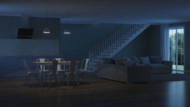 Modern ev iç. İyi geceler. Akşam aydınlatma. 3D render.