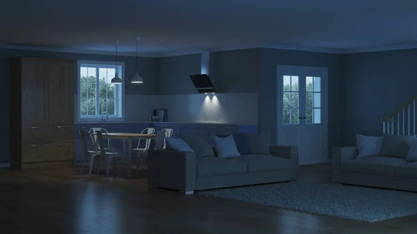 Interior Casa Moderna Boa Noite Iluminação Nocturna Renderização — Fotografia de Stock