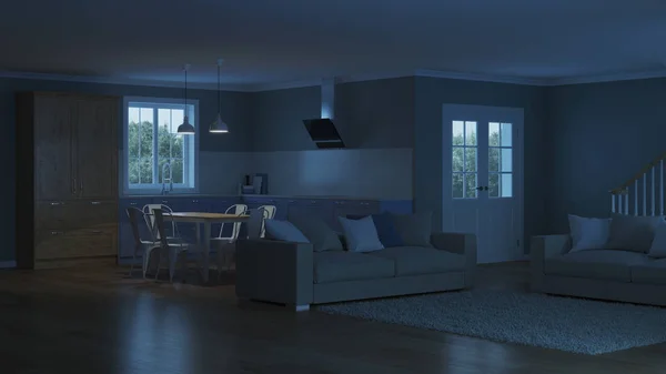 Modern Huis Interieur Nacht Avonds Verlichting Rendering — Stockfoto