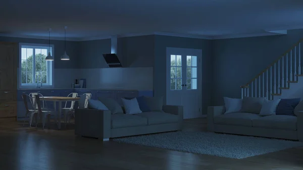Interiorul Casei Moderne Noapte Bună Iluminat Seară Redare — Fotografie, imagine de stoc
