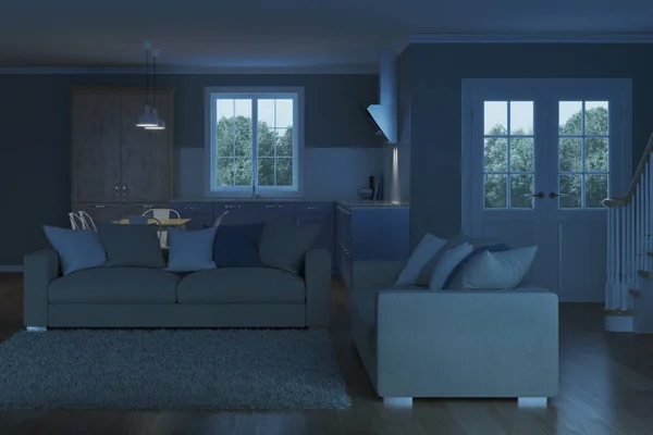 Modern house interior. Night. Evening lighting. 3D rendering.