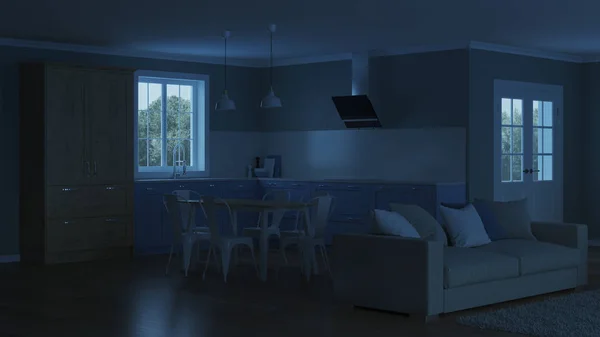 Moderne Hauseinrichtung Nacht Abendbeleuchtung Darstellung — Stockfoto