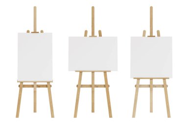 Set of wooden easels with empty mockup. Isolated on white background. 3D rendering. clipart