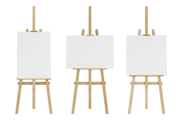 Set Wooden Easels Empty Mockup Isolated White Background Rendering — Stock Photo, Image