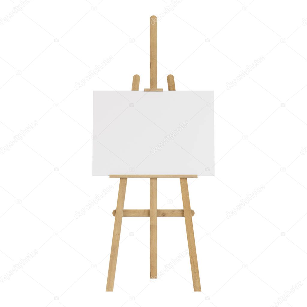 Wooden easel with an empty mockup. Isolated on white background. 3D rendering.