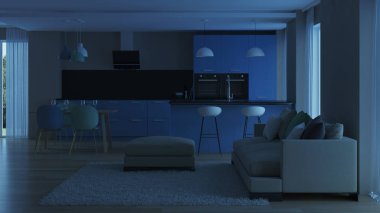 Modern ev iç. Mavi mutfak. İyi geceler. Akşam aydınlatma. 3D render.