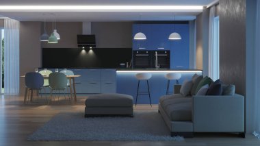 Modern ev iç. Mavi mutfak. İyi geceler. Akşam aydınlatma. 3D render.