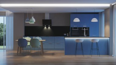 Modern ev iç. Mavi mutfak. İyi geceler. Akşam aydınlatma. 3D render.