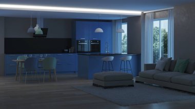 Modern ev iç. Mavi mutfak. İyi geceler. Akşam aydınlatma. 3D render.