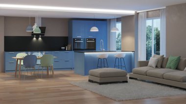 Modern ev iç. Mavi mutfak. İyi geceler. Akşam aydınlatma. 3D render.