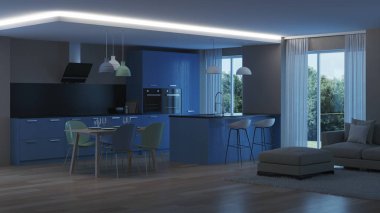 Modern ev iç. Mavi mutfak. İyi geceler. Akşam aydınlatma. 3D render.