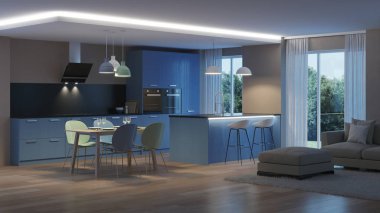 Modern ev iç. Mavi mutfak. İyi geceler. Akşam aydınlatma. 3D render.