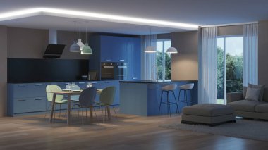 Modern ev iç. Mavi mutfak. İyi geceler. Akşam aydınlatma. 3D render.