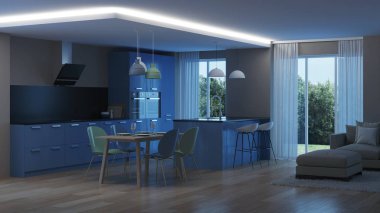Modern ev iç. Mavi mutfak. İyi geceler. Akşam aydınlatma. 3D render.