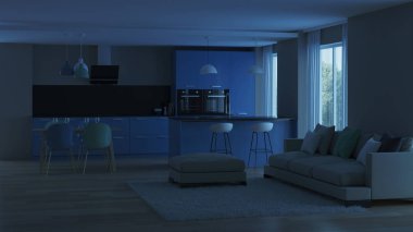 Modern ev iç. Mavi mutfak. İyi geceler. Akşam aydınlatma. 3D render.