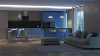 Modern ev iç. Mavi mutfak. İyi geceler. Akşam aydınlatma. 3D render.