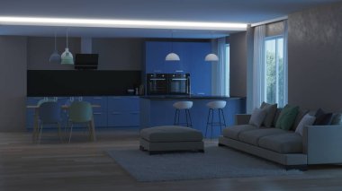 Modern ev iç. Mavi mutfak. İyi geceler. Akşam aydınlatma. 3D render.