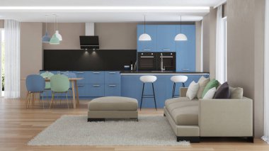 Modern ev iç. Mavi mutfak. 3D render.