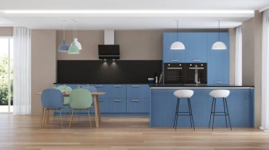 Modern ev iç. Mavi mutfak. 3D render.