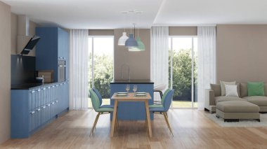Modern ev iç. Mavi mutfak. 3D render.