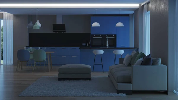 Interior Rumah Modern Blue Kitchen Selamat Malam Malam Cahaya Perender — Stok Foto