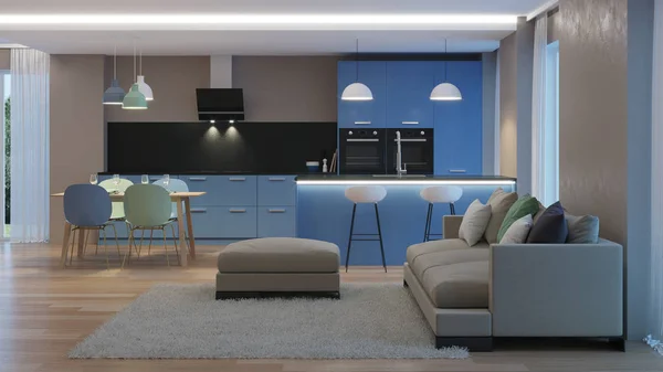 Interni Casa Moderna Blue Kitchen Buonanotte Illuminazione Serale Rendering — Foto Stock