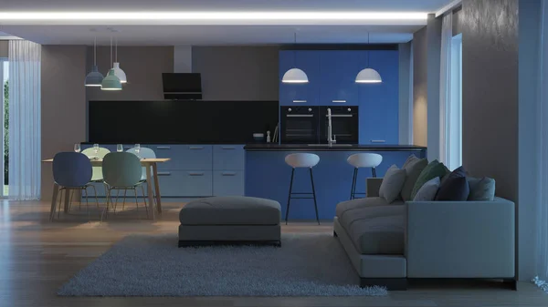 Interni Casa Moderna Blue Kitchen Buonanotte Illuminazione Serale Rendering — Foto Stock