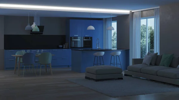 Modern Huis Interieur Blauwe Keuken Nacht Avonds Verlichting Rendering — Stockfoto