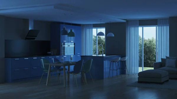 Interior Casa Moderna Cocina Azul Buenas Noches Iluminación Nocturna Renderizado —  Fotos de Stock