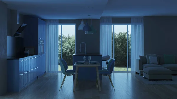 Moderna Hus Invändigt Blå Kök Natt Kvällen Belysning Rendering — Stockfoto