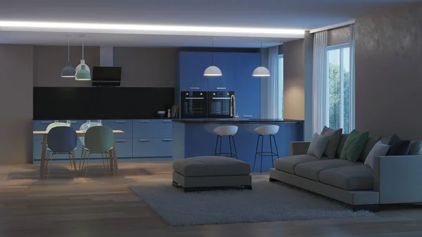 Interior Casa Moderna Cocina Azul Buenas Noches Iluminación Nocturna Renderizado — Foto de Stock