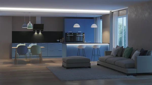 Interni Casa Moderna Blue Kitchen Buonanotte Illuminazione Serale Rendering — Foto Stock