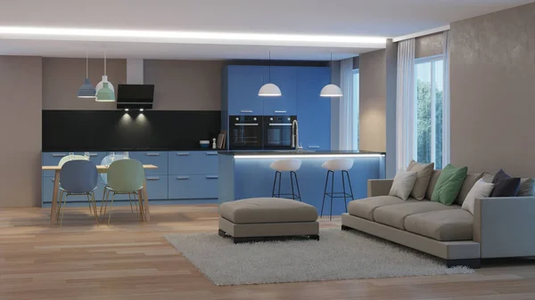 Modern House Interior Blue Kitchen Night Evening Lighting Rendering — Stock Photo, Image