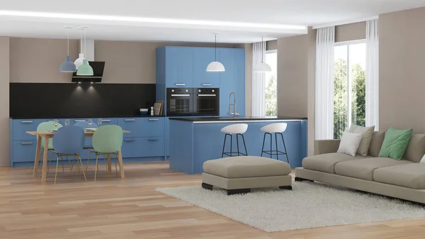 Interni Casa Moderna Blue Kitchen Rendering — Foto Stock