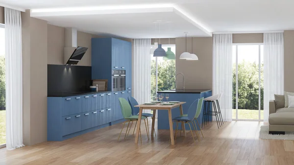 Modern house interior. Blue Kitchen. 3D rendering.