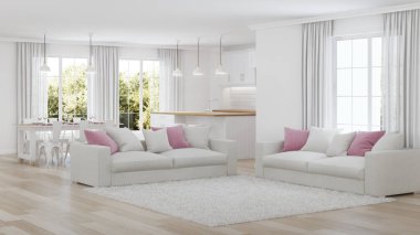 Modern ev iç. Beyaz iç. 3D render.