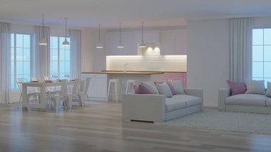 Modern ev iç. Beyaz iç. İyi geceler. Akşam aydınlatma. 3D render.