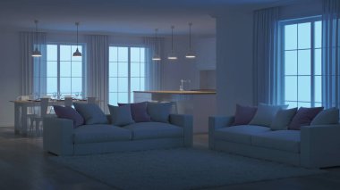 Modern ev iç. Beyaz iç. İyi geceler. Akşam aydınlatma. 3D render.