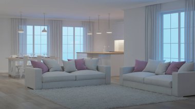 Modern ev iç. Beyaz iç. İyi geceler. Akşam aydınlatma. 3D render.