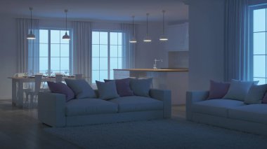 Modern ev iç. Beyaz iç. İyi geceler. Akşam aydınlatma. 3D render.