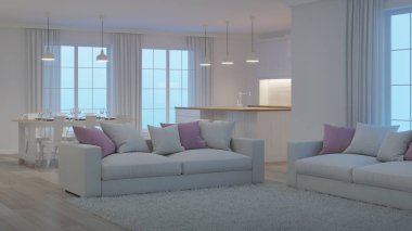Modern ev iç. Beyaz iç. İyi geceler. Akşam aydınlatma. 3D render.