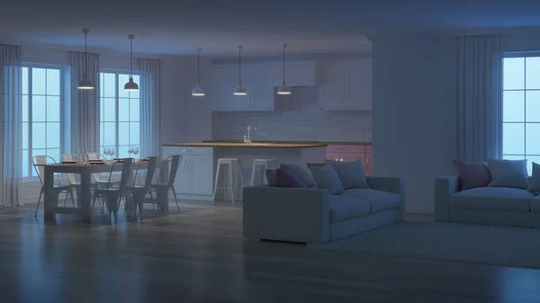 Modern Huis Interieur Witte Interieur Nacht Avonds Verlichting Rendering — Stockfoto