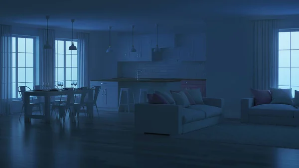 Moderna Hus Invändigt Vit Inredning Natt Kvällen Belysning Rendering — Stockfoto