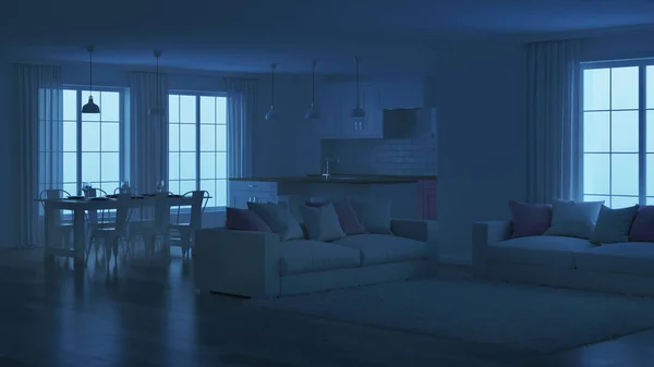 Moderne Hauseinrichtung Weißer Innenraum Nacht Abendbeleuchtung Darstellung — Stockfoto