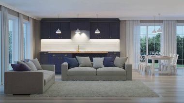 Evin bir koyu mor mutfak modern iç. İyi geceler. Akşam aydınlatma. 3D render.