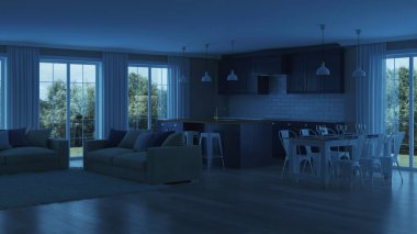 Evin bir koyu mor mutfak modern iç. İyi geceler. Akşam aydınlatma. 3D render.